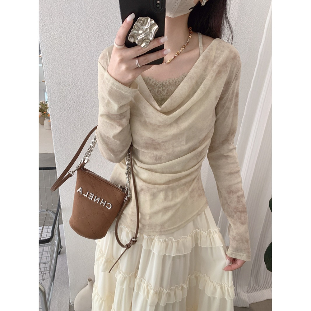 設計感扎染假兩件上衣 不規則蕾絲拼接 溫柔風長袖女上衣*3色 | kukuta-細節圖7