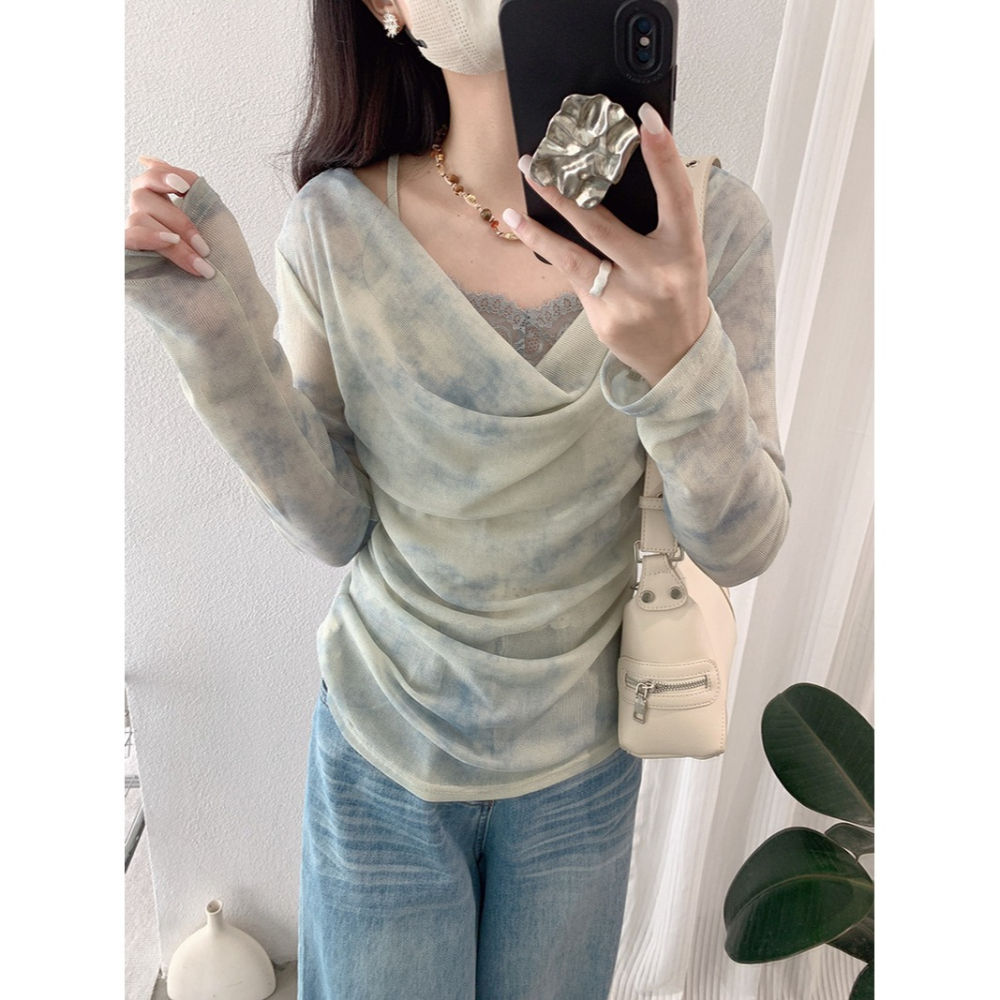 設計感扎染假兩件上衣 不規則蕾絲拼接 溫柔風長袖女上衣*3色 | kukuta-細節圖8