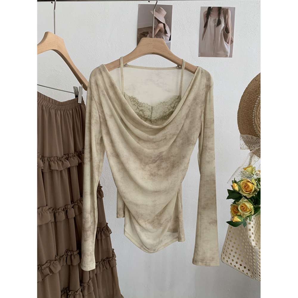 設計感扎染假兩件上衣 不規則蕾絲拼接 溫柔風長袖女上衣*3色 | kukuta-規格圖8