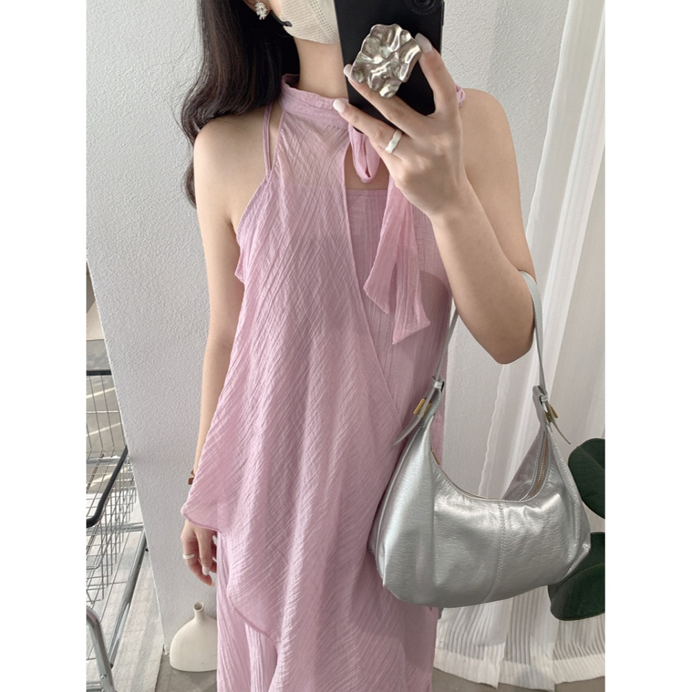 夏季掛脖連身裙 純色無袖收腰設計 不規則氣質長裙 *4色 | kukuta-細節圖3
