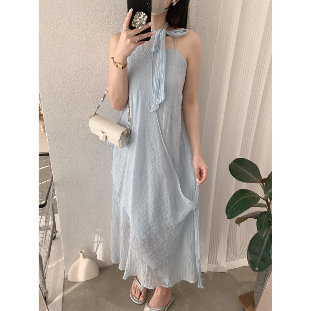夏季掛脖連身裙 純色無袖收腰設計 不規則氣質長裙 *4色 | kukuta-細節圖4