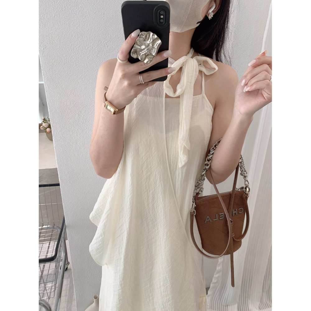 夏季掛脖連身裙 純色無袖收腰設計 不規則氣質長裙 *4色 | kukuta-細節圖5