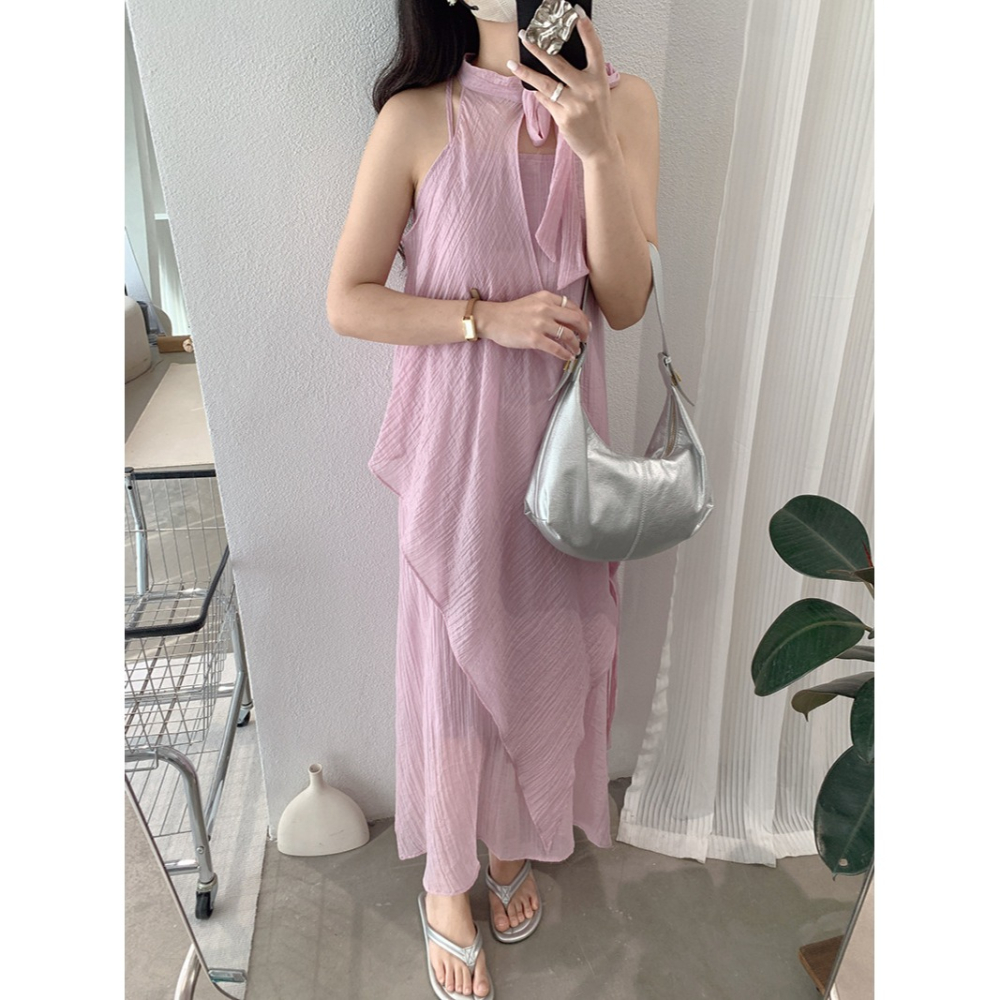 夏季掛脖連身裙 純色無袖收腰設計 不規則氣質長裙 *4色 | kukuta-細節圖6