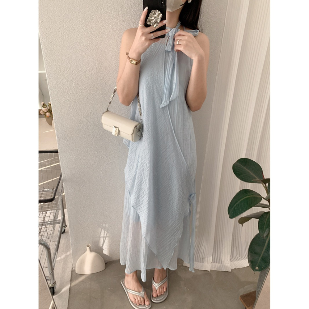 夏季掛脖連身裙 純色無袖收腰設計 不規則氣質長裙 *4色 | kukuta-細節圖8