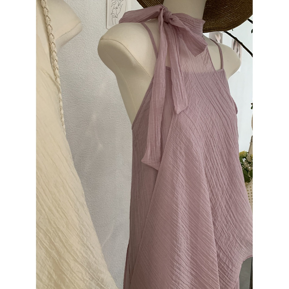 夏季掛脖連身裙 純色無袖收腰設計 不規則氣質長裙 *4色 | kukuta-細節圖9