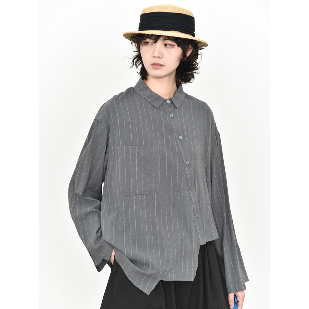 條紋設計感襯衫女 不對稱斜門襟 缺口下擺寬鬆上衣 *3色 | kukuta-細節圖6