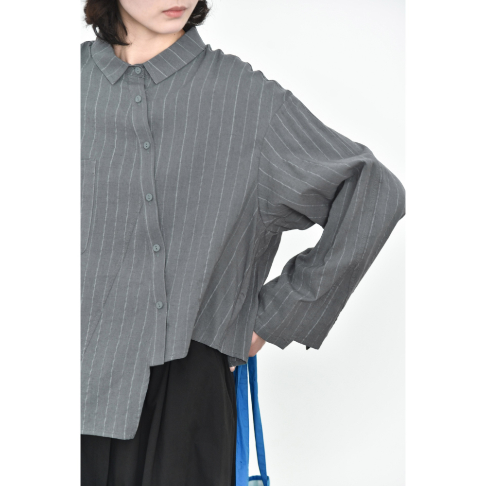 條紋設計感襯衫女 不對稱斜門襟 缺口下擺寬鬆上衣 *3色 | kukuta-細節圖8