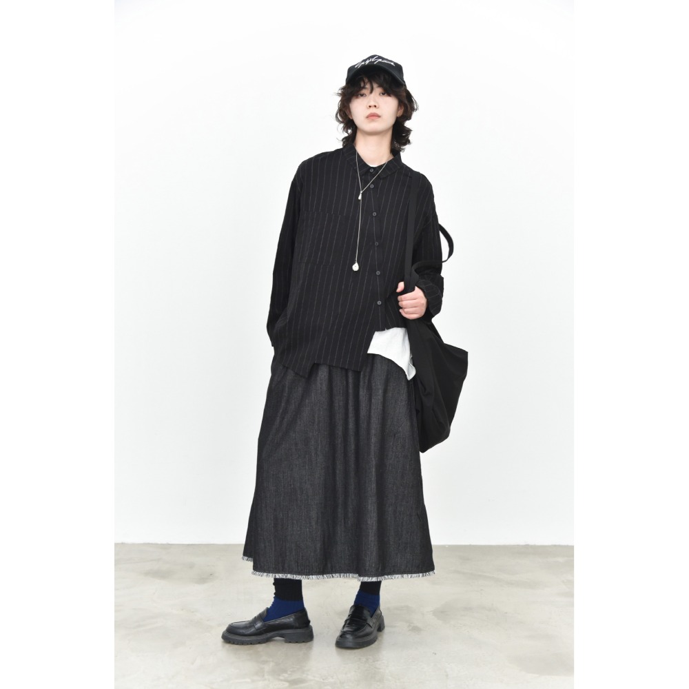 條紋設計感襯衫女 不對稱斜門襟 缺口下擺寬鬆上衣 *3色 | kukuta-規格圖8