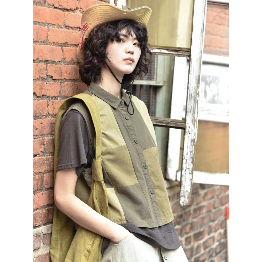 設計款撞色拼接工裝背心 日系復古馬甲背心 *2色 | kukuta-細節圖8