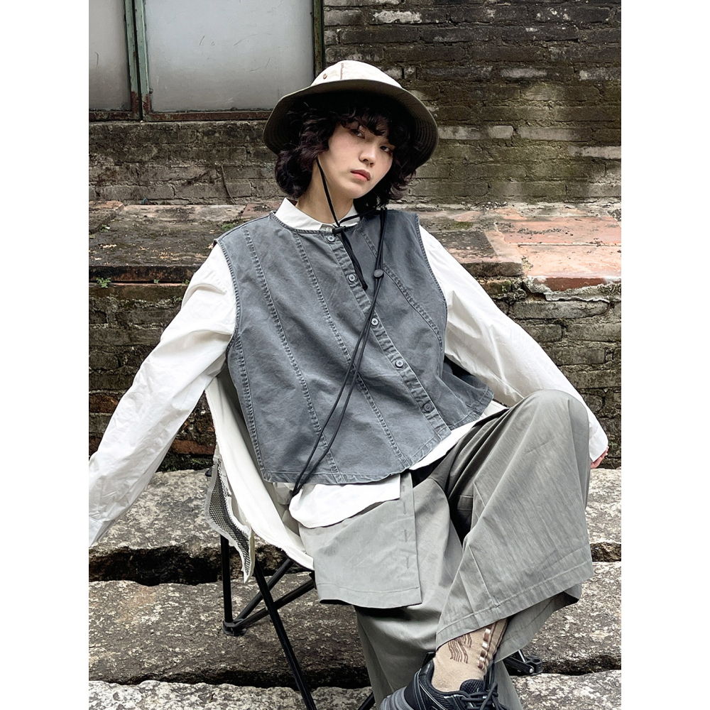 小眾日系復古馬甲 不規則做舊洗褪設計背心 *3色 | kukuta-細節圖9