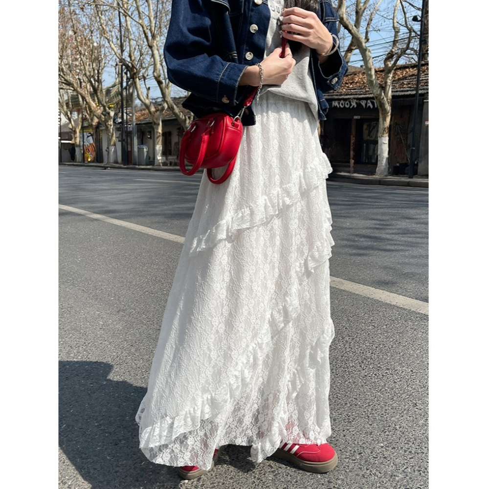 白色蕾絲蛋糕裙 高腰顯瘦A字半身裙 不規則設計款長裙 | kukuta-細節圖2