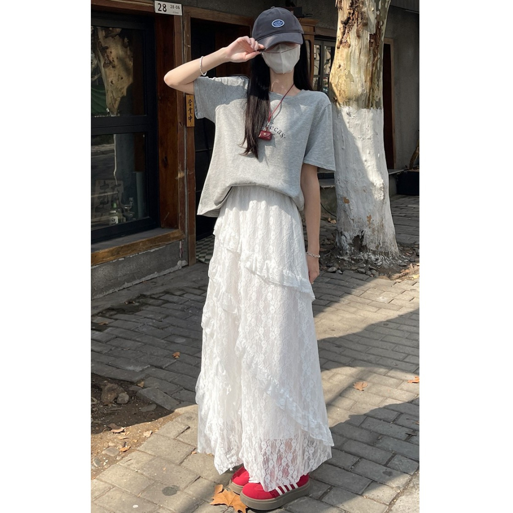 白色蕾絲蛋糕裙 高腰顯瘦A字半身裙 不規則設計款長裙 | kukuta-細節圖3