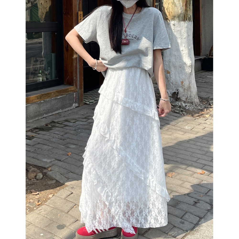 白色蕾絲蛋糕裙 高腰顯瘦A字半身裙 不規則設計款長裙 | kukuta-細節圖4