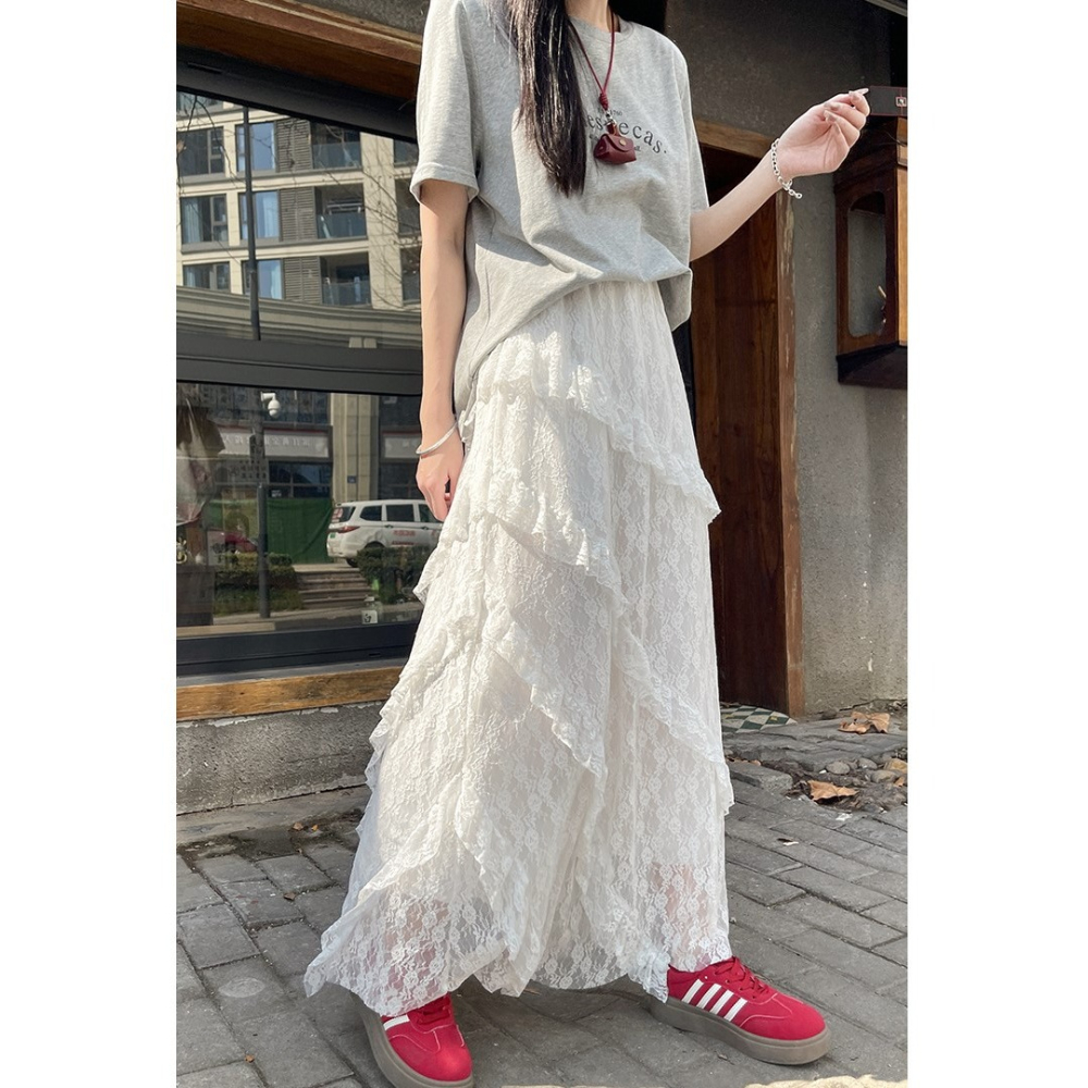 白色蕾絲蛋糕裙 高腰顯瘦A字半身裙 不規則設計款長裙 | kukuta-細節圖5