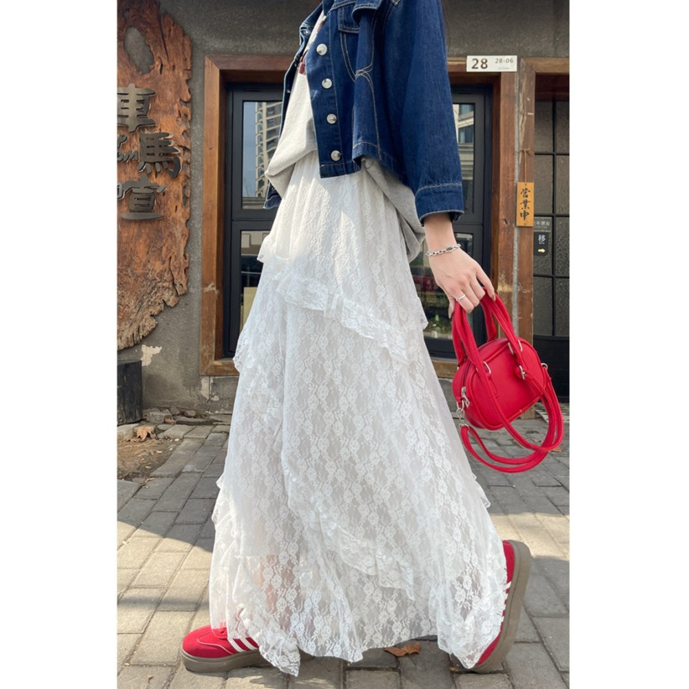白色蕾絲蛋糕裙 高腰顯瘦A字半身裙 不規則設計款長裙 | kukuta-細節圖6