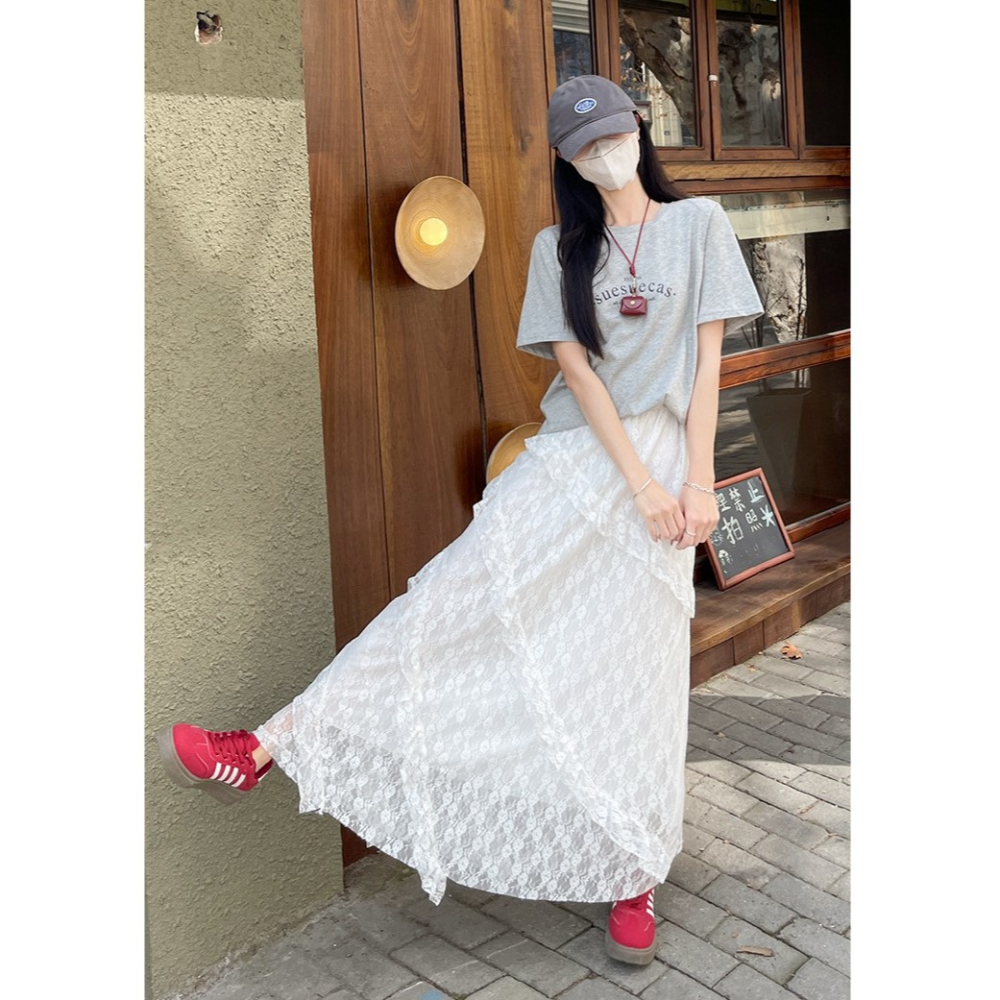 白色蕾絲蛋糕裙 高腰顯瘦A字半身裙 不規則設計款長裙 | kukuta-細節圖7