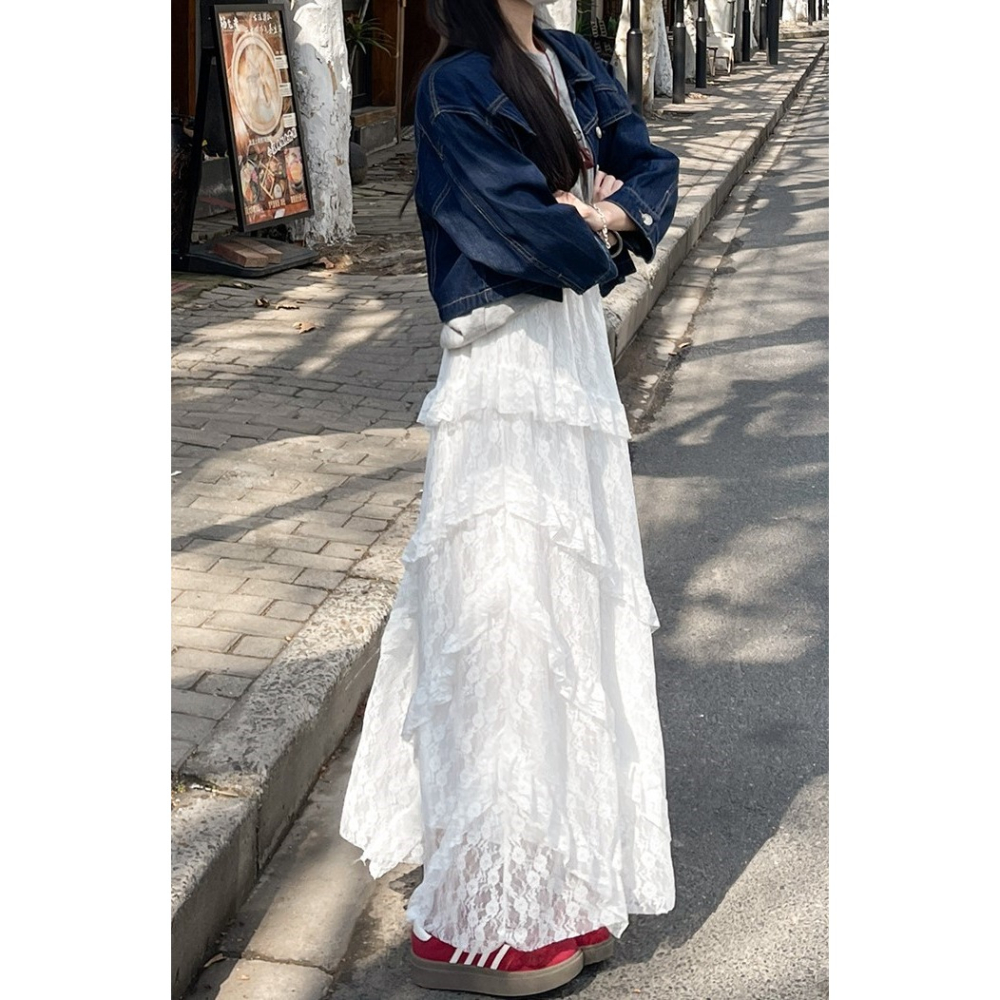 白色蕾絲蛋糕裙 高腰顯瘦A字半身裙 不規則設計款長裙 | kukuta-細節圖8