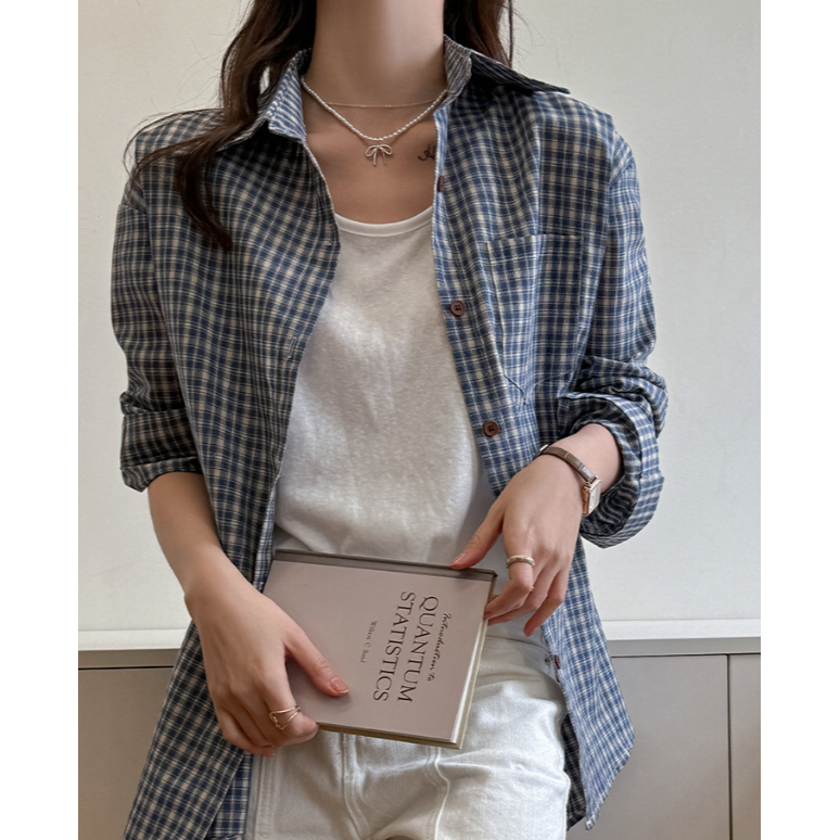 藍色復古格子襯衫外套 寬鬆百搭格紋長袖上衣 | kukuta-細節圖2