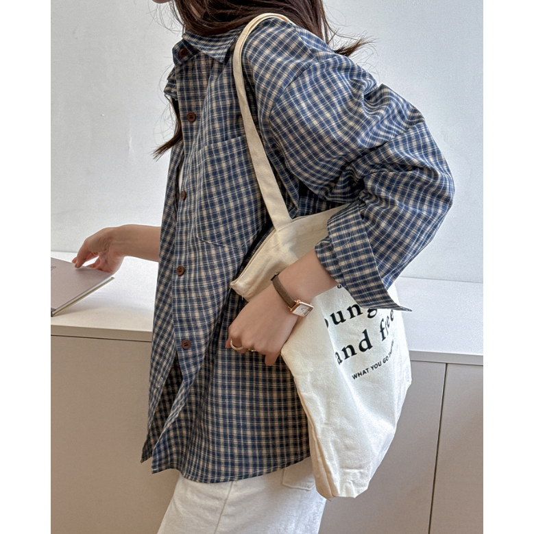 藍色復古格子襯衫外套 寬鬆百搭格紋長袖上衣 | kukuta-細節圖3