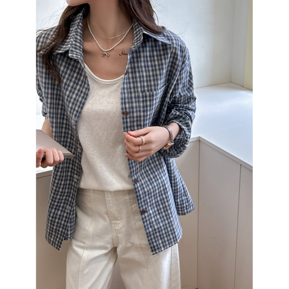 藍色復古格子襯衫外套 寬鬆百搭格紋長袖上衣 | kukuta-細節圖4