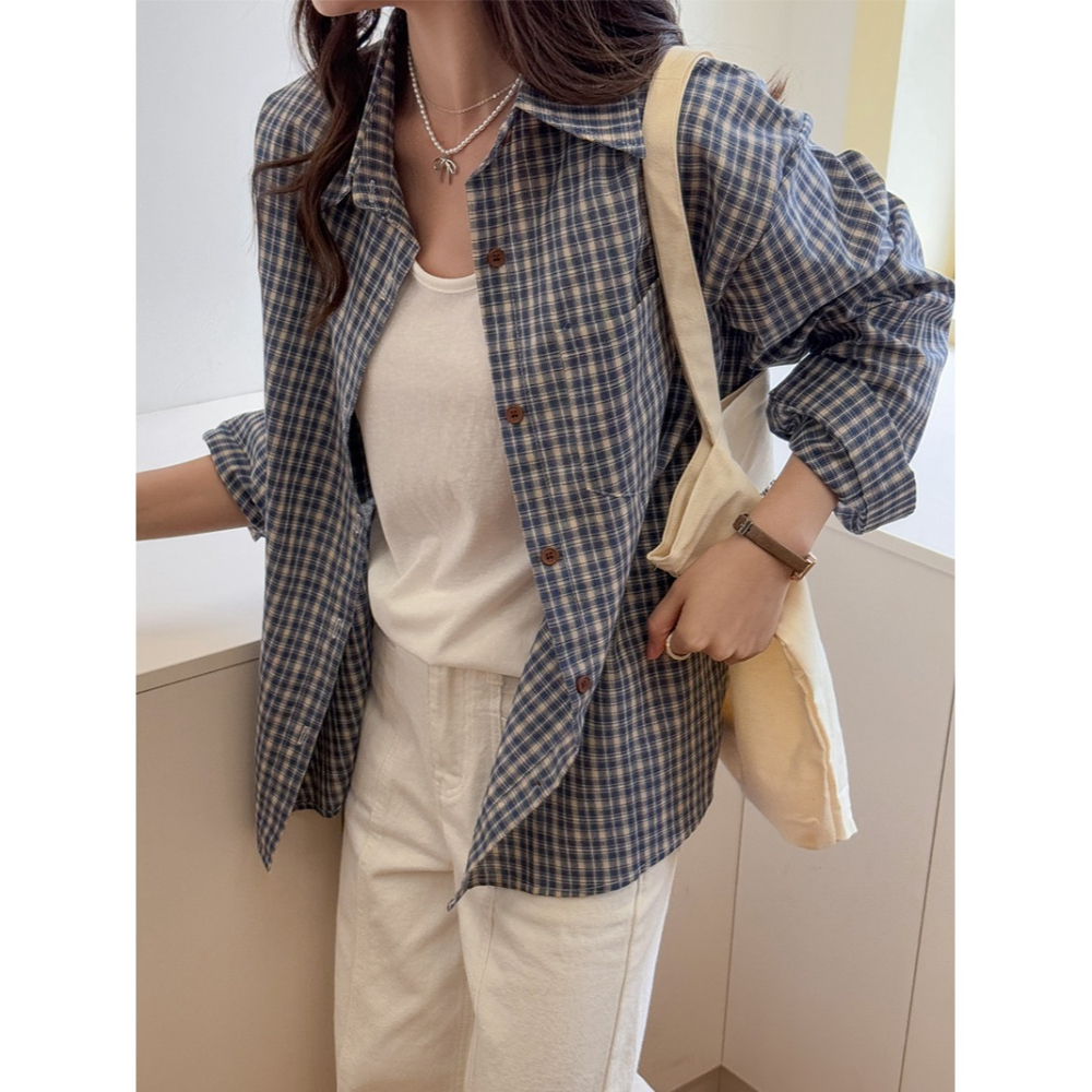 藍色復古格子襯衫外套 寬鬆百搭格紋長袖上衣 | kukuta-細節圖5