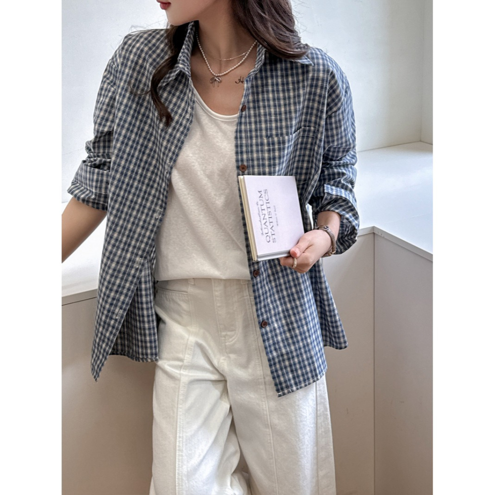藍色復古格子襯衫外套 寬鬆百搭格紋長袖上衣 | kukuta-細節圖6