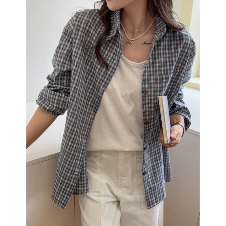 藍色復古格子襯衫外套 寬鬆百搭格紋長袖上衣 | kukuta-細節圖7