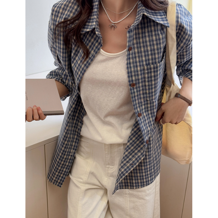 藍色復古格子襯衫外套 寬鬆百搭格紋長袖上衣 | kukuta-細節圖8