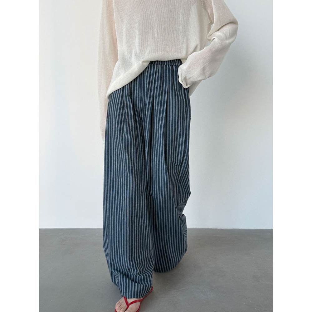 韓系慵懶豎條紋長褲 垂感寬鬆闊腿褲 春夏氣質休閒褲 *2色 (M-L) | kukuta-細節圖3