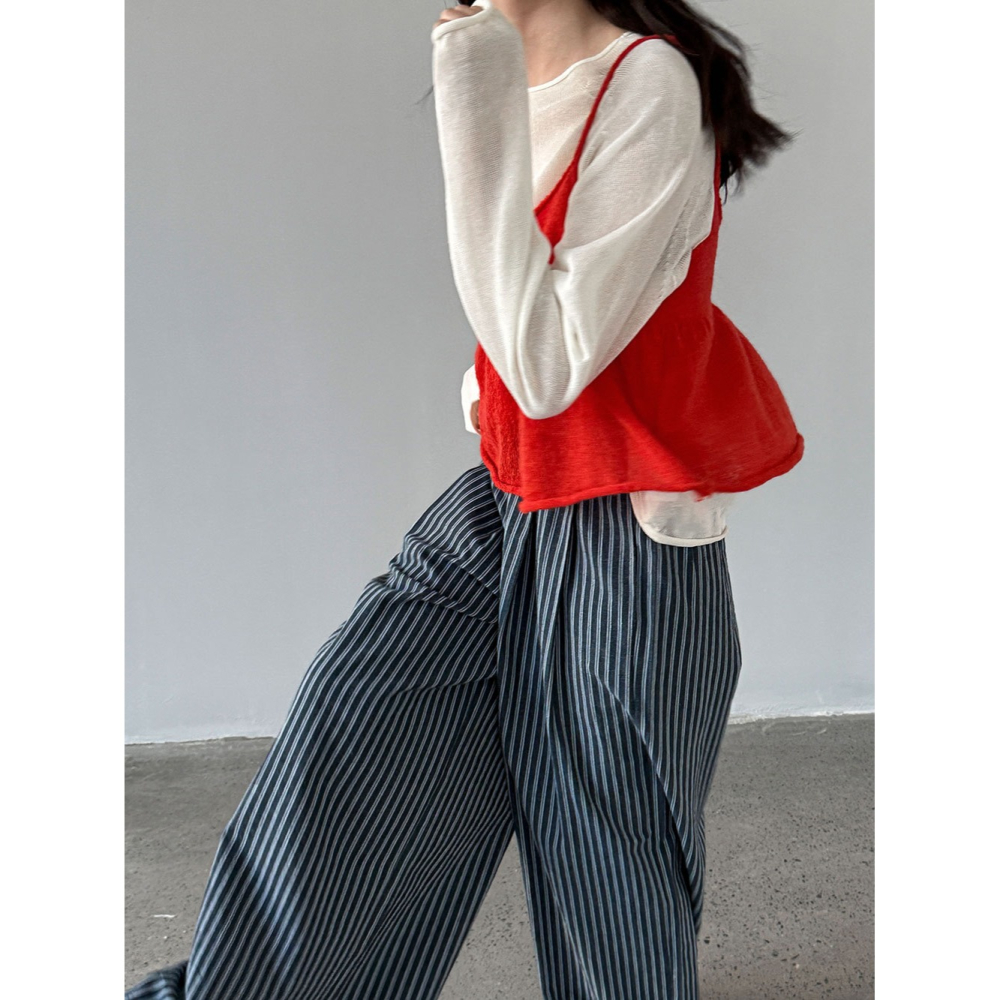 韓系慵懶豎條紋長褲 垂感寬鬆闊腿褲 春夏氣質休閒褲 *2色 (M-L) | kukuta-細節圖5