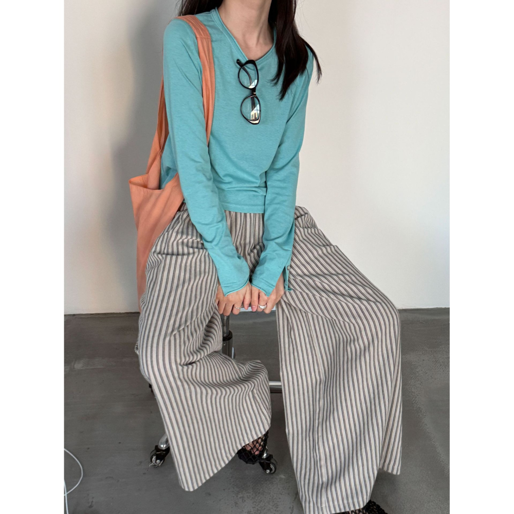 韓系慵懶豎條紋長褲 垂感寬鬆闊腿褲 春夏氣質休閒褲 *2色 (M-L) | kukuta-細節圖7