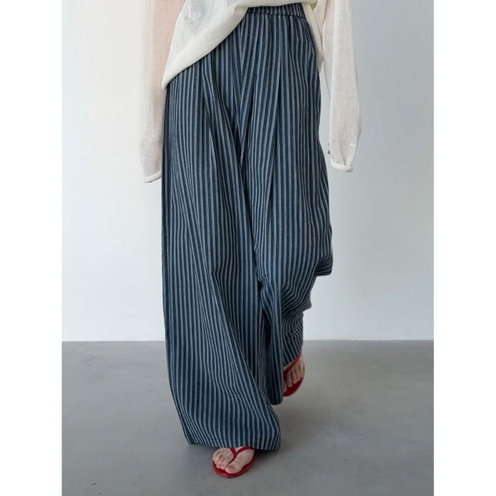 韓系慵懶豎條紋長褲 垂感寬鬆闊腿褲 春夏氣質休閒褲 *2色 (M-L) | kukuta-細節圖8