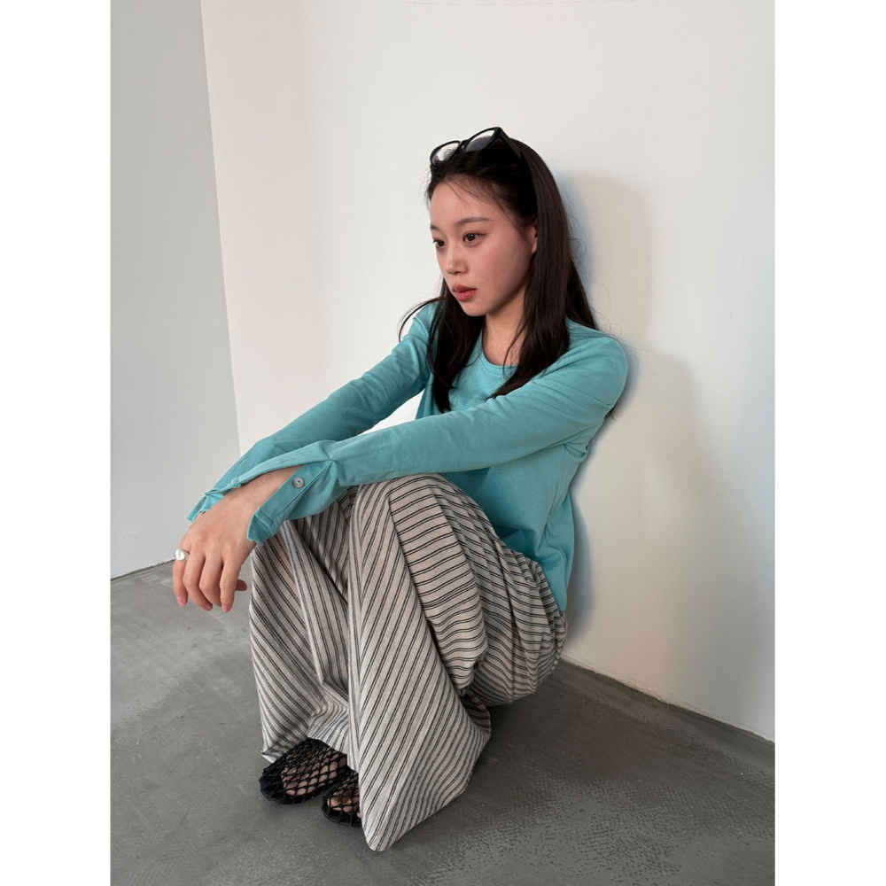 韓系慵懶豎條紋長褲 垂感寬鬆闊腿褲 春夏氣質休閒褲 *2色 (M-L) | kukuta-細節圖9