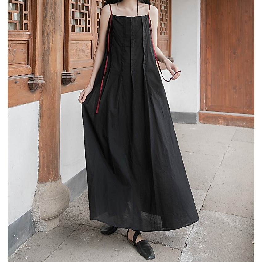 小眾設計拼色吊帶裙 收腰系帶顯連身裙瘦 出國度假約會洋裝 *3色 | kukuta-細節圖3