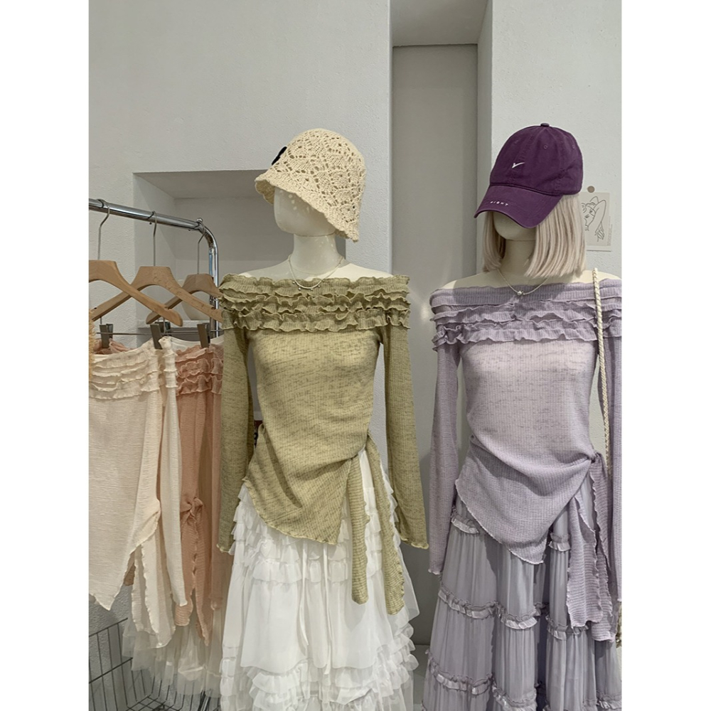 一字肩木耳邊上衣 綁帶收腰顯瘦設計 *4色 | kukuta-細節圖2