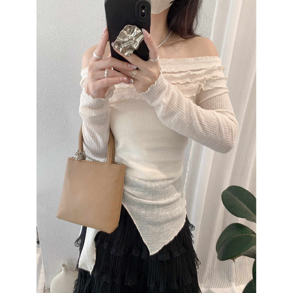 一字肩木耳邊上衣 綁帶收腰顯瘦設計 *4色 | kukuta-細節圖3