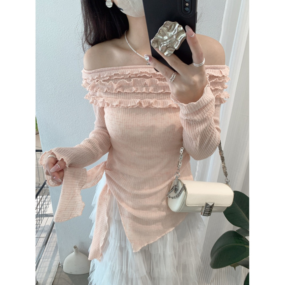 一字肩木耳邊上衣 綁帶收腰顯瘦設計 *4色 | kukuta-細節圖4