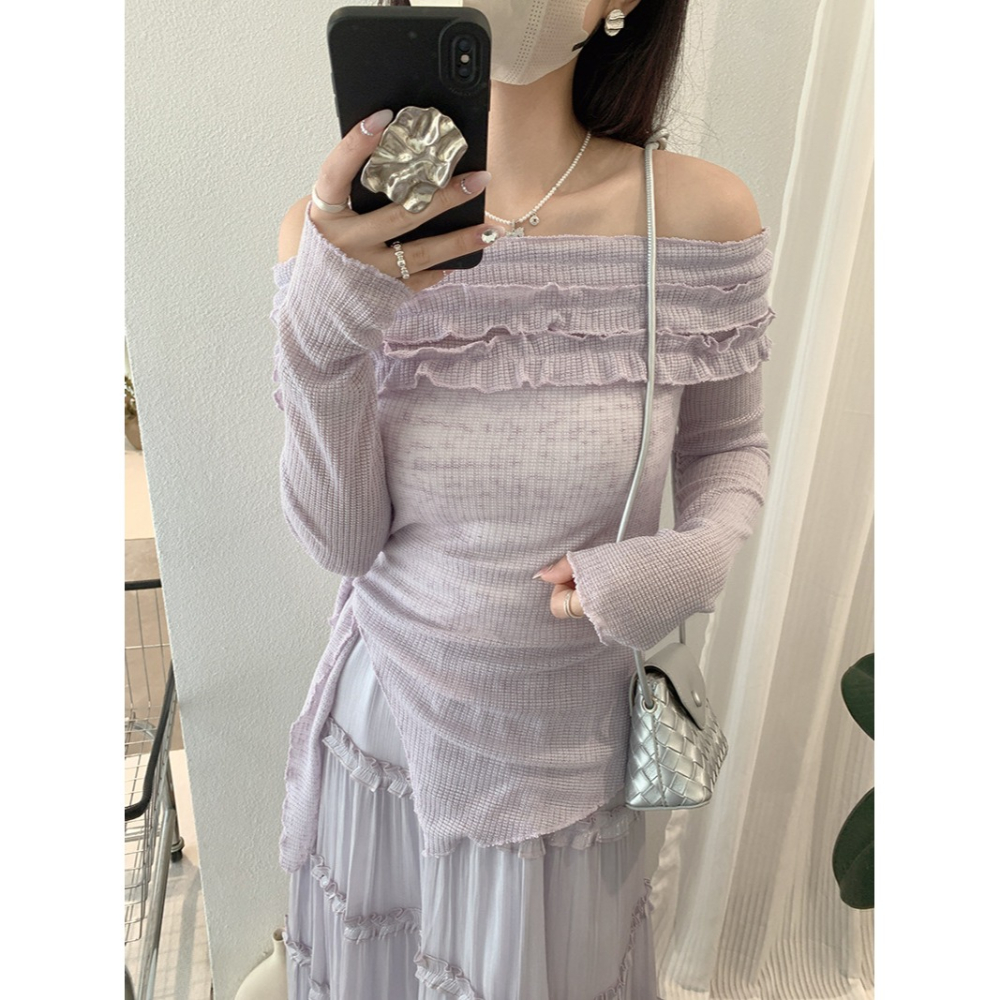 一字肩木耳邊上衣 綁帶收腰顯瘦設計 *4色 | kukuta-細節圖6