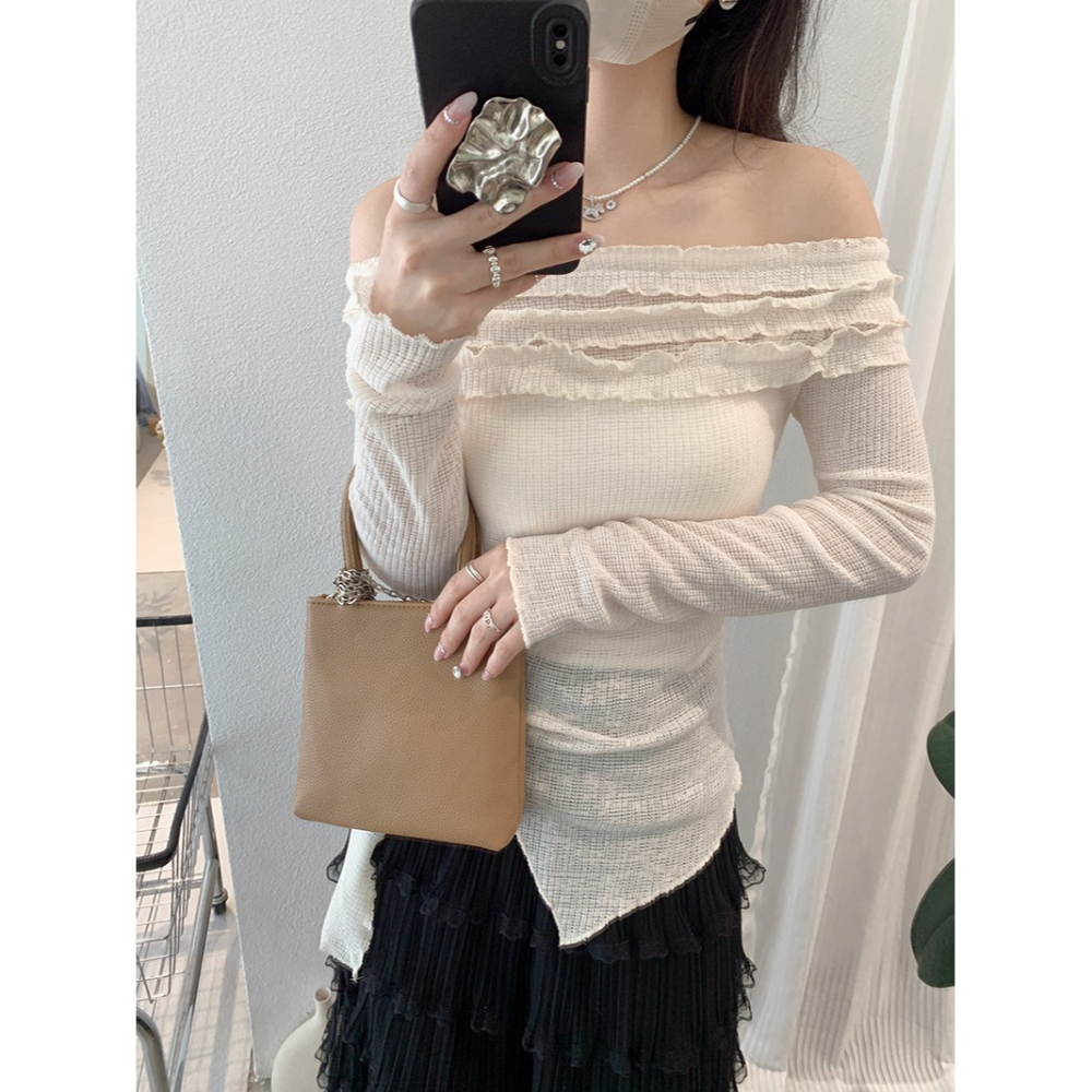 一字肩木耳邊上衣 綁帶收腰顯瘦設計 *4色 | kukuta-細節圖7