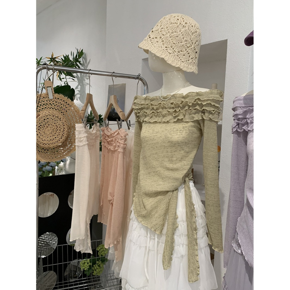 一字肩木耳邊上衣 綁帶收腰顯瘦設計 *4色 | kukuta-細節圖9