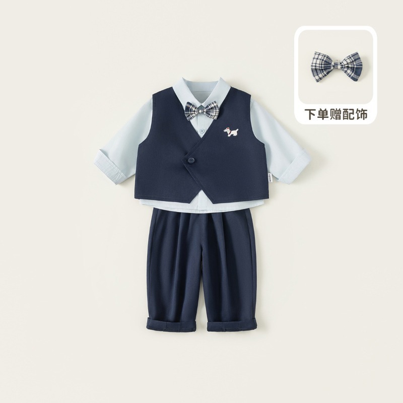 【春季男童童裝】學院風繡花馬甲＋翻領襯衫＋長褲 兒童三件套 男寶寶穿搭 73-110-規格圖1