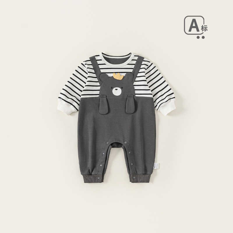 【春季嬰幼兒童裝】假兩件條紋連身衣 嬰童爬服 男童包屁衣 兒童哈衣 66-100-規格圖1