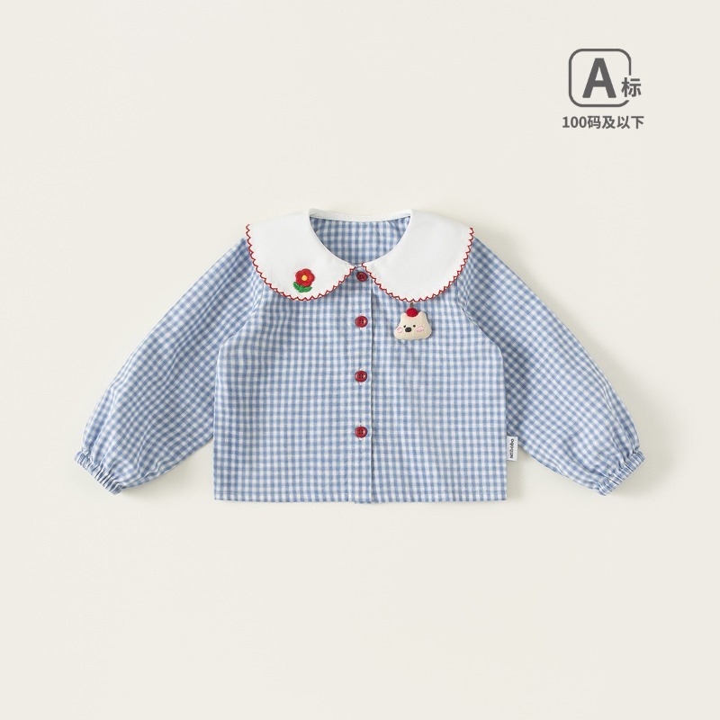 【春季女童童裝】童裝春款甜美格子衫 娃娃領衣服 寶寶開衫 兒童上衣 長袖女童襯衫 73-110-規格圖1