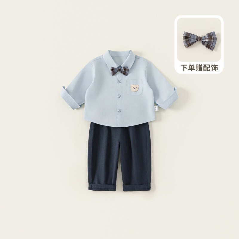 【春季男童童裝】童裝冬季兒童園服翻領襯衫 格子領結休閒褲 寶寶三件套 男童套裝 73-110-規格圖1
