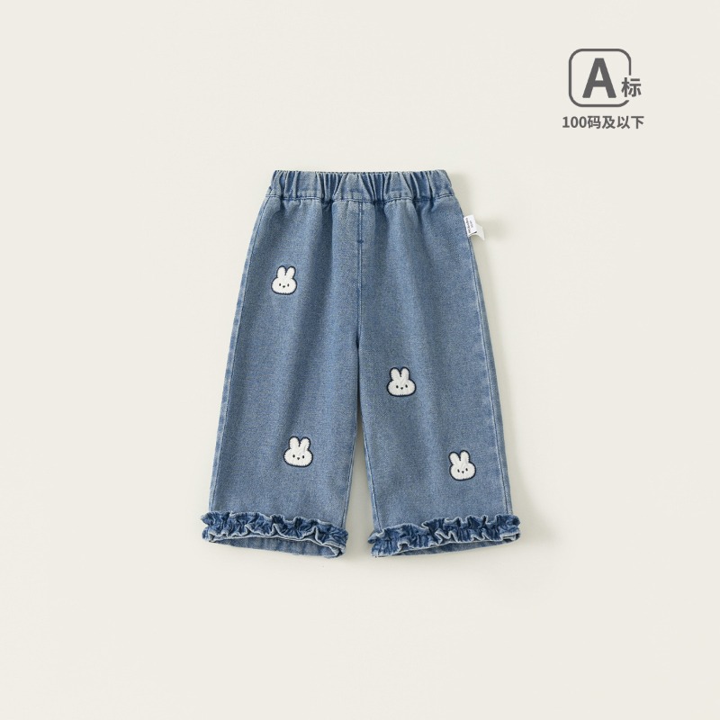 【春季女童童裝】童裝春季花邊刺繡牛仔褲 女寶寶長褲 女童寬鬆直筒褲 兒童休閒褲 73-110-規格圖1
