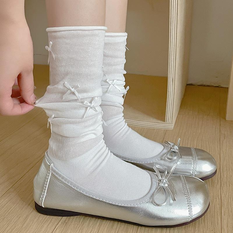 台灣現貨 蝴蝶結襪子女夏天薄款透氣 堆堆襪 女甜美少女芭蕾風中筒襪miu 透膚襪 泡泡襪 日系襪 韓系襪-細節圖2