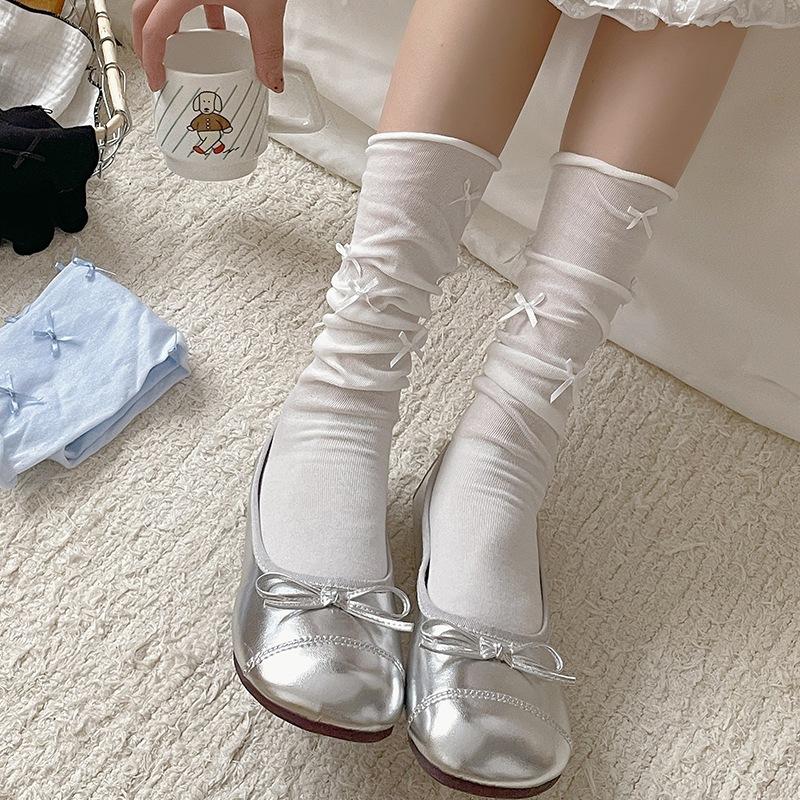 台灣現貨 蝴蝶結襪子女夏天薄款透氣 堆堆襪 女甜美少女芭蕾風中筒襪miu 透膚襪 泡泡襪 日系襪 韓系襪-細節圖3
