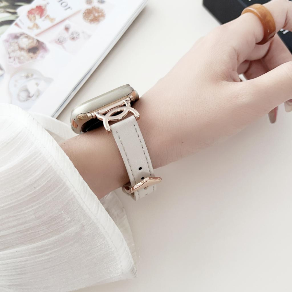 台灣現貨 Apple Watch 雙C錶帶 錶帶 小蠻腰 皮錶帶 小香錶帶 8 7 SE 6 5 4 3 真皮錶帶-細節圖3