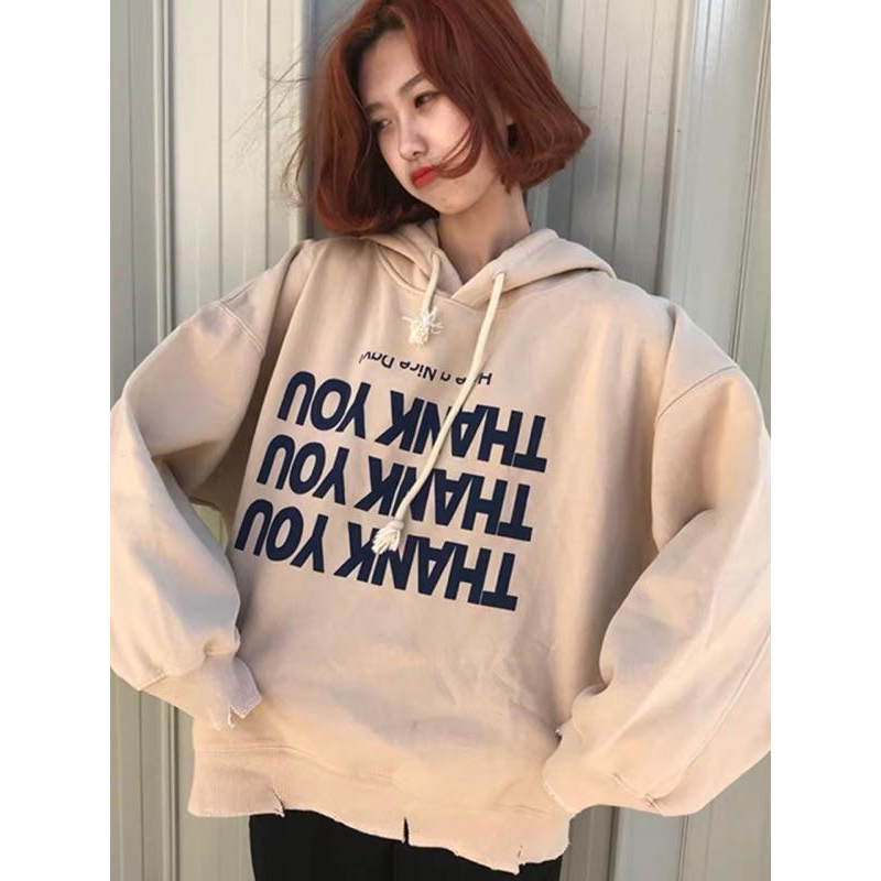 現貨出清 韓版 寬鬆 下擺剪破 厚款大學t 連帽T 帽T 帽踢 字母 寬版上衣 衣服 穿搭 時尚 流行款 設計款 上衣-細節圖2