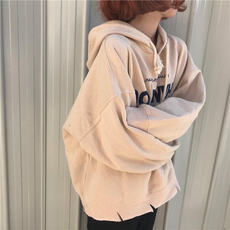 現貨出清 韓版 寬鬆 下擺剪破 厚款大學t 連帽T 帽T 帽踢 字母 寬版上衣 衣服 穿搭 時尚 流行款 設計款 上衣-細節圖3